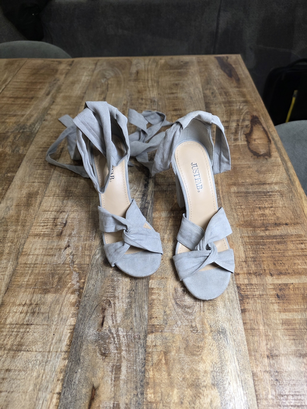 JustFab Light Gray Knot Front Wrap Heels